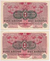 1916. 1K zöld &quot;DEUTSCHÖSTERREICH&quot; felülbélyegzéssel (2x) T:AU,XF Hungary 1916. 1 Krone with green &quot;DEUTSCHÖSTERREICH&quot; overprint (2x) C:AU,XF Adamo K3B