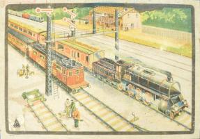 Illusztris sokdarabos antik Märklin vasút modell terepasztal tétel a képen látható szerelvények mell...