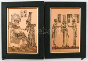 2 darab egyiptomi stílusú csiszolt rézlemez kép, keretben, teljes méret 18x13 cm