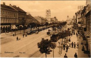 Debrecen, Piac utca, Debreczeni Helyi Vasút Rt. (DHV) kisvasútjával, városi vasút, vonat, Neumann M. üzlete, Központi szálloda. Hegedüs és Sándor kiadása