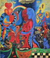 H. I. (?) jelzéss: Szürrealista kép (cím nélkül). Akvarell, papír. 33x39 cm