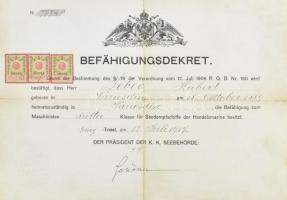 1917 Harmadosztályú gépész bizonyítvány, az osztrák-magyar kereskedelmi flottához szárazpecséttel / 1917 Original certificate accrediting Hubert Zebec as a third-class machinist in the Austro-Hungarian Merchant Marine. The certificate, was issued by the Imperial Royal Maritime Authority in Graz