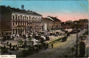 1913 Szolnok, Fő tér, piac,Magyar király szálloda, étterem és kávéház, Engel üzlete. Gerő Ignác kiadása (Rb)