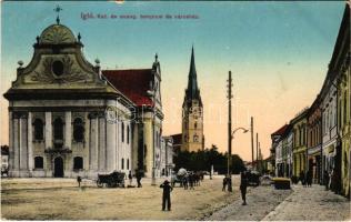 1912 Igló, Zipser Neudorf, Spisská Nová Ves; Katolikus és evangélikus templom, Városháza, üzletek. Feitzinger Ede No. 702. / churches and town hall, shops (Rb)