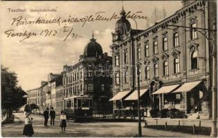 1913 Cieszyn, Teschen; Bahnhofstrasse, Hotel Central Bahnhof E. Potyka, Schanklocal, Restaurant / Railway street and hotel, restaurant, shops, tram (Rb)