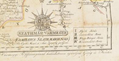 1810 Szatmár vármegye térképe, metszet, foltos, szakadásokkal, 35×45 cm