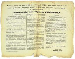 1862 Pesti, Pilis, Solt vármegyék telekkönyvezésének helyhatósági szabályozása, Dalmady Győző aljegyző által kiadott hirdetmény, szakadásokkal, 42×53 cm