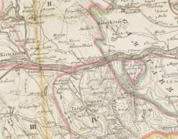 1810 Komárom vármegye térképe, metszet, foltos, szakadással, 35×45 cm