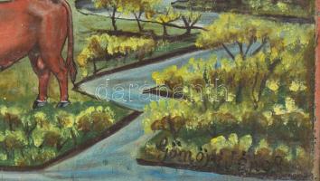 Gömöri János jelzéssel: Tehenek a vízparton: Olaj, vászon, fakeretben. 57x76 cm