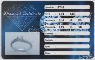 14K fehérarany eljegyzési gyűrű 1 nagy és 18 kisebb gyémánttal (0,18ct és 0,21ct (G,VS)). Jelzett br...