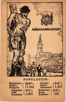 Máramarossziget, Sighetu Marmatiei; Magyar, német, román (oláh) és rutén nemzetiségek népesség aránya. Címer, Grund V. Utódai, Magyar Nemzeti Szövetség kiadása / Percentage of Hungarian, German, Romanian and Ruthenian (Rusyn) population. Irredenta art postcad with coat of arms s: Pólya Tibor (EK)