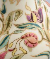Zsolnay virág mintás porcelán váza. Kézzel festett, jelzett (Katona), kis kopással m 18 cm