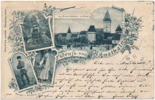 1900 Szentágota, Agnetheln, Agnita; Ev. Hauptvolksschule und Kirche, Bürger und Bürgerin im Festkleide, Fronius Denkmal im Schulgarten / Evangélikus templom és iskola, népviselet, emlékmű. M. Lang kiadása / Lutheran school and church, folklore, monument. Art Nouveau, floral (r)