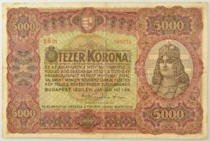 1920. 5000K piros "5 B01 969271" sorszámmal, "Orell Füssli Zürich" nyomdahely jelöléssel T:F folt, kis szakadás Adamo K38