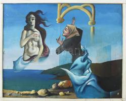 Farkas József (?-): Szürrealista vénusz. Olaj, falemez. Jelezve jobbra lent. Hátoldalán autográf felirattal. Apró felületi sérülésekkel. Fakeretben. 29,5x37 cm