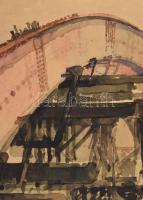 Pfannl Egon (1911-1973): Margit híd újjáépítése, az első ívek behelyezése, 1947.VI.15. Akvarell, pap...