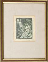 Tassy Béla (1942-): Bibliai jelenet. Színes rézkarc, papír, jelzett, üvegezett fakeretben, 9,5x7,5 c...