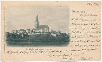 1899 (Vorläufer) Nagysink, Gross-Schenk, Cincul Mare, Cincu; Ev. Kirche und Schule, Südseite / Evangélikus templom és iskola déli oldala. H. Zeidner No. 157. / Lutheran church and school (EK)