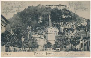 1907 Barcarozsnyó, Rozsnyó, Rosenau, Rasnov; Kirchgasse / Templom utca, vár. Georg Gutt kiadása / street, castle (fl)