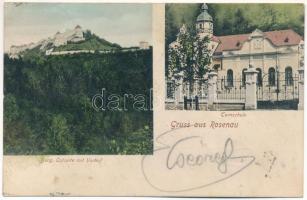 1907 Barcarozsnyó, Rozsnyó, Rosenau, Rasnov; Burg, Ostseite mit Vorhof, Turnschule / vár, Torna iskola. Georg Gutt kiadása / castle, gymnastics school (fl)