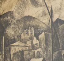 Patkó Károly (1895-1941): Kikötőben. Rézkarc, papír, jelzett. Kisebb gyűrődésekkel. Üvegezett fakere...