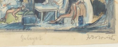 Istokovits Kálmán (1898-1990): Jelenet. Ceruza, akvarell, papír. Jelezve jobbra lent. Üvegezett fake...