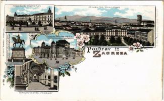 Zagreb, Zágráb, Agram; Zrinjski trg, Akademicki trg, Hrvatsko Narod. Zem Kazaliste, Spomenik Jeljacica Bana, Mesnicka ulica / Zriny-Platz, Akademie-Platz, Banus Jellacic-Monument, Kroatisches Landes-National-Theater, Fleischhauergasse / square, Croatian National Theater, monument, street view. Jul. Hühn. 4680. Art Nouveau, floral, litho (EB)