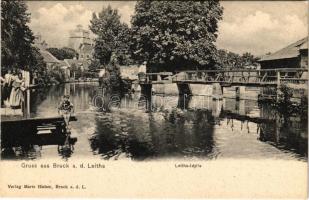 Lajtabruck, Bruck an der Leitha; Leitha-Idylle / Lejta partja, Harrach (Prugg) kastély. Marie Huber kiadása / riverside, castle