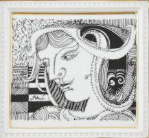 Hollóházi Szász Endre által tervezett porcelán kép, 11,5x8,5 cm, fakeretben, 28x25 cm