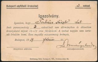 1919 Bp., Budapesti Népfölkelő Őrzászlóalj 3. század által kiadott igazolvány