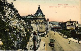 1914 Budapest I. Döbrentei tér, villamos, Tabán, Purgo üzlet, Czigler-féle sarok palota