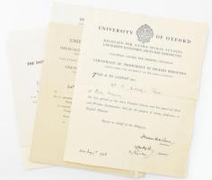 1928-1969 Angol nyelvű bizonyítványok egy személy részére (Cambridge, Oxford), 7 db