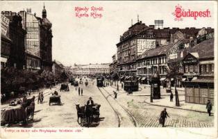 Budapest V. Károlyi körút, Mellinger és Strausz Salamon üzlete, villamosok, lovaskocsik. Erdélyi cs. és kir. udv. fényképész felvételei után, litho (Rb)