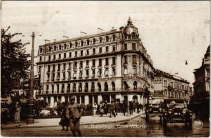 1930 Bucharest, Bukarest, Bucuresti, Bucuresci; Calea Victoriei / street view, automobiles (ragasztónyom / glue marks)