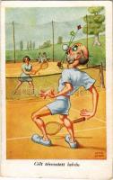 Célt tévesztett labda, tenisz humor / Tennis humour art postcard s: Kaszás Jámbor (kis szakadás / small tear)