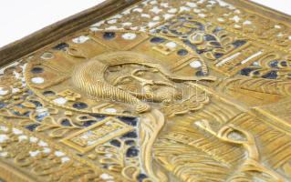 Úti ikon, bronz, zománc díszítéssel, XIX. század, 14x14 cm