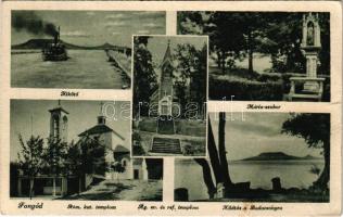 1948 Fonyód, Római katolikus templom, Ágostai evangélikus templom, kilátás a Badacsonra, Mária szobor, kikötő, gőzhajó (EB)