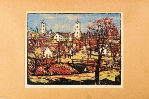 Réti Mátyás (1922-2002): Szentendre. Színes linómetszet, papír, jelzett, paszpartuban, 28,5×37 cm