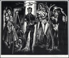 Menyhárt József (1901-1976): Festőállvány előtt. Fametszet, papír, jelzett a metszeten, 19×24 cm