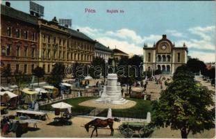 1915 Pécs, Majláth tér, piac, zsinagóga. Karpf Berta kiadása (EK)