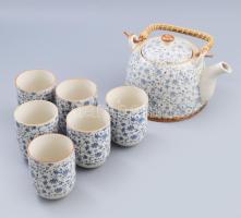 Kínai teázó szett, kiöntő és 6 db pohár, jelzett, hibátlan, pohár m: 8 cm