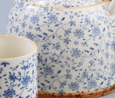 Kínai teázó szett, kiöntő és 6 db pohár, jelzett, hibátlan, pohár m: 8 cm