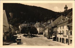 1936 Friesach in Kärnten, Hauptplatz, Glashandlung, Leopold Heifler, Kaufhaus Josef Willmann, Hotel Friesacherfoh / main square, shops, autobus