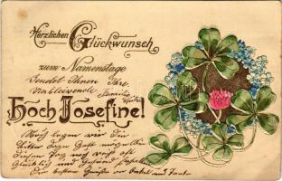 1905 Herzlichen Glückwunsch zum Namenstage hoch Josefine / Name Day greeting art postcard with clovers. Art Nouveau, Floral, Emb. litho (EB)