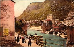 1909 Mostar, Römerbrücke, Hum im Hintergrunde, Radobolia Quelle / bridge (EB) + "K. UND K. MILIT. POST MOSTAR"