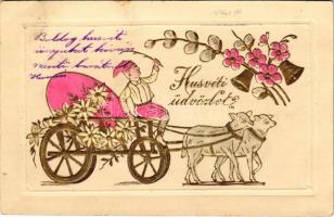 1903 Húsvéti üdvözlet / Easter greeting art postcard with sheep and egg. Floral, Emb. litho (EK)