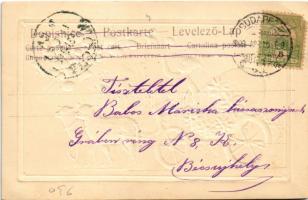 1903 Húsvéti üdvözlet / Easter greeting art postcard with sheep and egg. Floral, Emb. litho (EK)