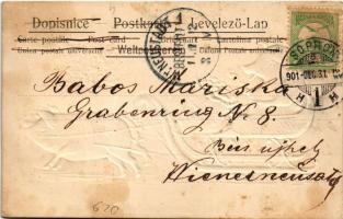 1901 Boldog Újévet / New Year greeting art postcard with pig-drawn sled. Emb. litho (fl)