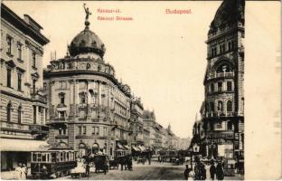 1912 Budapest VIII. Rákóczi út (Blaha Lujza tér), villamosok, Dr. Bonyhárd M. Fogorvos, Pesti hazai első takarékpénztás egyesület, Krayer E. üzlete, Kartschmaroff drogéria, hirdetőoszlop