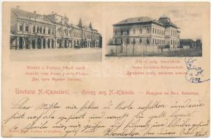 1902 Nagykikinda, Kikinda; Ferenc József tér, Állami polgári leányiskola, Rádák János üzlete és saját kiadása / square, girls' school, publisher's shop (ragasztónyom / glue marks)